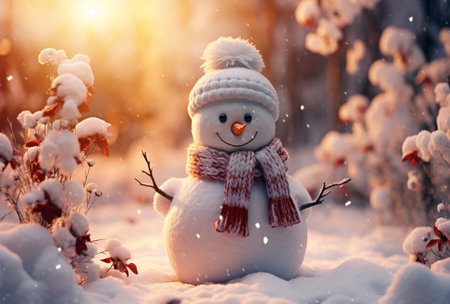 Happy snowman in winter scenery, Merry Christmas background, copy space, greeting card, AI Generativeの素材