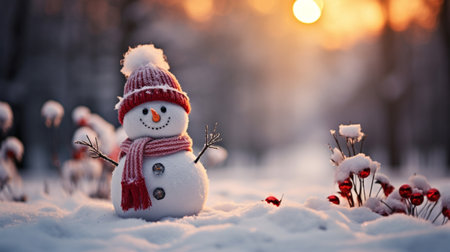 Happy snowman in winter scenery, Merry Christmas background, copy space, greeting card, AI Generativeの素材