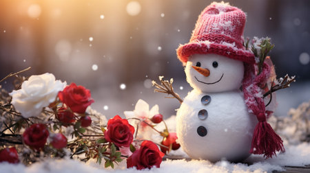 Happy snowman in winter scenery, Merry Christmas background, copy space, greeting card, AI Generativeの素材