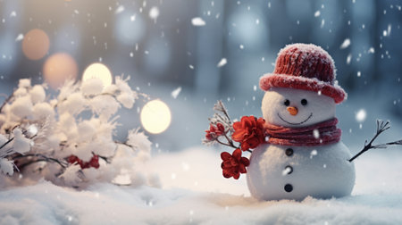 Happy snowman in winter scenery, Merry Christmas background, copy space, greeting card, AI Generativeの素材