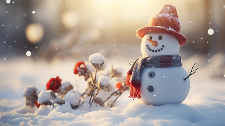 Happy snowman in winter scenery, Merry Christmas background, copy space, greeting card, AI Generativeの素材