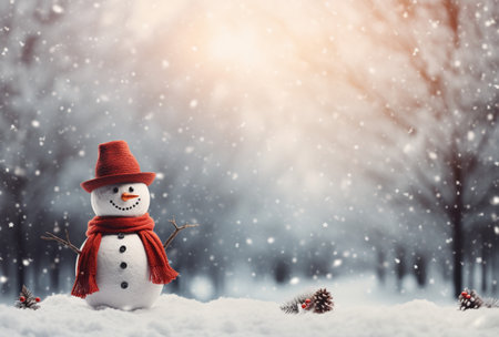 Happy snowman in winter scenery, Merry Christmas background, copy space, greeting card, AI Generativeの素材