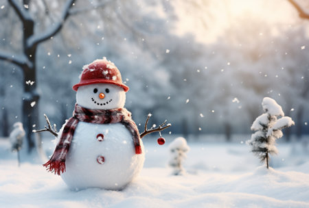 Happy snowman in winter scenery, Merry Christmas background, copy space, greeting card, AI Generativeの素材