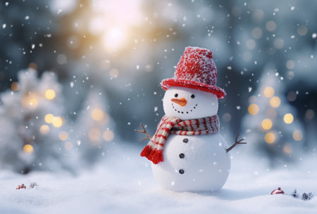 Happy snowman in winter scenery, Merry Christmas background, copy space, greeting card, AI Generativeの素材
