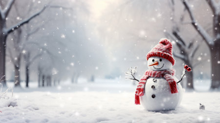 Happy snowman in winter scenery, Merry Christmas background, copy space, greeting card, AI Generativeの素材