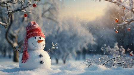 Happy snowman in winter scenery, Merry Christmas background, copy space, greeting card, AI Generativeの素材