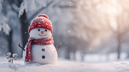 Happy snowman in winter scenery, Merry Christmas background, copy space, greeting card, AI Generativeの素材