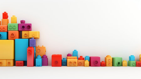 Colorful plastic bricks for kid, toddler, education and learning, toy shop, flat lay, copy space on white background.の素材