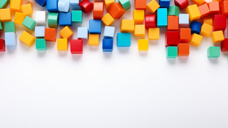 Colorful plastic bricks for kid, toddler, education and learning, toy shop, flat lay, copy space on white background.の素材
