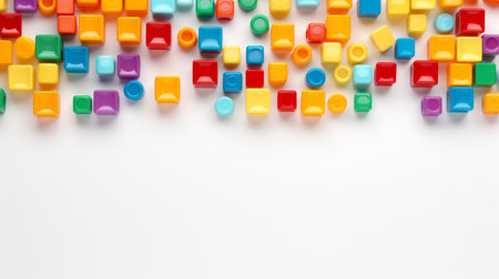 Colorful plastic bricks for kid, toddler, education and learning, toy shop, flat lay, copy space on white background.の素材