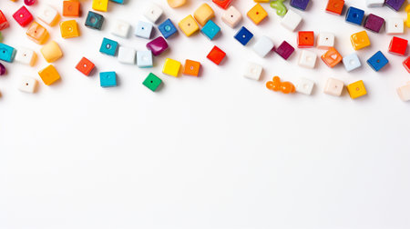 Colorful plastic bricks for kid, toddler, education and learning, toy shop, flat lay, copy space on white background.の素材