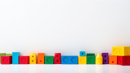 Colorful plastic bricks for kid, toddler, education and learning, toy shop, flat lay, copy space on white background.の素材