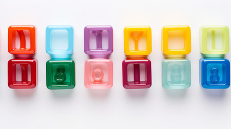 Colorful plastic bricks for kid, toddler, education and learning, toy shop, flat lay, copy space on white background.の素材
