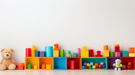 Colorful plastic bricks for kid, toddler, education and learning, toy shop, flat lay, copy space on white background.の素材