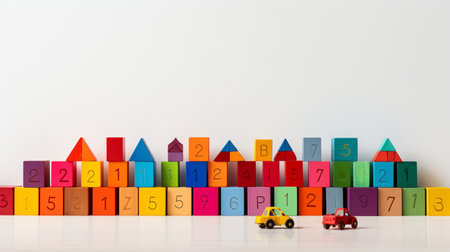 Colorful plastic bricks for kid, toddler, education and learning, toy shop, flat lay, copy space on white background.の素材