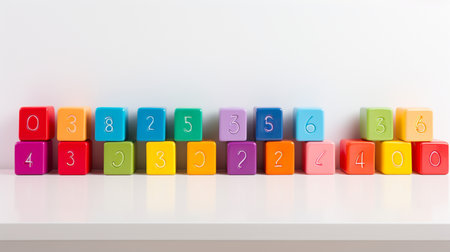 Colorful plastic bricks for kid, toddler, education and learning, toy shop, flat lay, copy space on white background.の素材