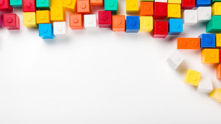 Colorful plastic bricks for kid, toddler, education and learning, toy shop, flat lay, copy space on white background.の素材