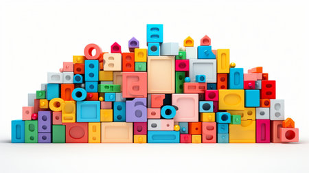 Colorful plastic bricks for kid, toddler, education and learning, toy shop, flat lay, copy space on white background.の素材