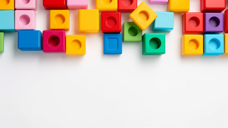 Colorful plastic bricks for kid, toddler, education and learning, toy shop, flat lay, copy space on white background.の素材
