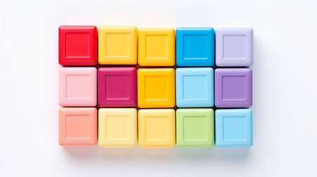 Colorful plastic bricks for kid, toddler, education and learning, toy shop, flat lay, copy space on white background.の素材