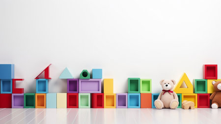 Colorful plastic bricks for kid, toddler, education and learning, toy shop, flat lay, copy space on white background.の素材