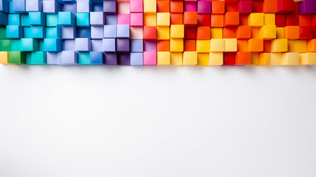 Colorful plastic bricks for kid, toddler, education and learning, toy shop, flat lay, copy space on white background.の素材