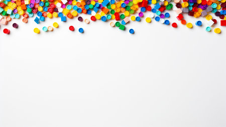Colorful plastic bricks for kid, toddler, education and learning, toy shop, flat lay, copy space on white background.の素材