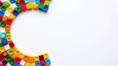 Colorful plastic bricks for kid, toddler, education and learning, toy shop, flat lay, copy space on white background.の素材