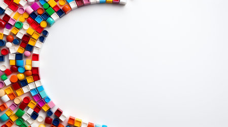 Colorful plastic bricks for kid, toddler, education and learning, toy shop, flat lay, copy space on white background.の素材