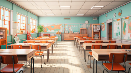 Empty Classroom school without student or teacher, empty chair and table, empty study room, interior designの素材