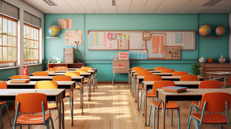Empty Classroom school without student or teacher, empty chair and table, empty study room, interior designの素材