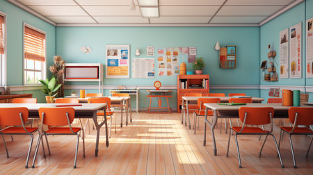 Empty Classroom school without student or teacher, empty chair and table, empty study room, interior designの素材