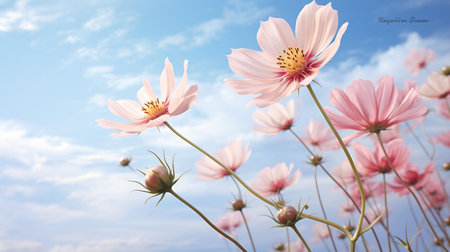 Beautiful Romantic scene - pink flower blossom in nature garden with clear sky, copy space.の素材
