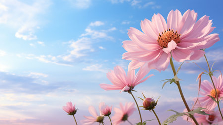 Beautiful Romantic scene - pink flower blossom in nature garden with clear sky, copy space.の素材