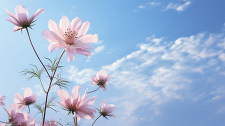 Beautiful Romantic scene - pink flower blossom in nature garden with clear sky, copy space.の素材