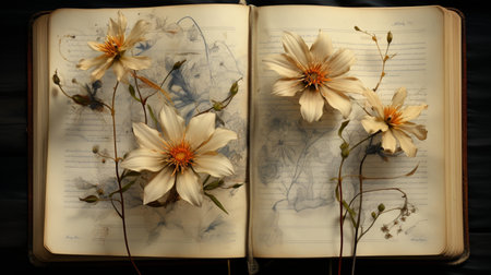 Beautiful Flower on open book, serene poetry concept, flat lay.の素材