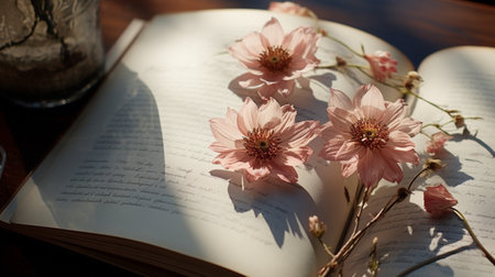Beautiful Flower on open book, serene poetry concept, flat lay.の素材