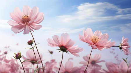 Beautiful Romantic scene - pink flower blossom in nature garden with clear sky, copy space.の素材
