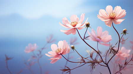 Beautiful Romantic scene - pink flower blossom in nature garden with clear sky, copy space.の素材