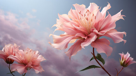 Beautiful Romantic scene - pink flower blossom in nature garden with clear sky, copy space.の素材