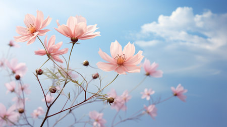 Beautiful Romantic scene - pink flower blossom in nature garden with clear sky, copy space.の素材