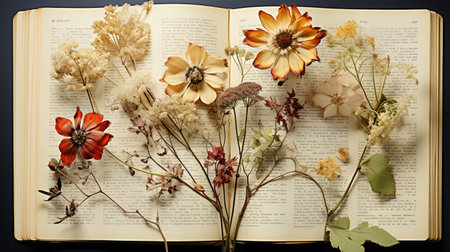 Beautiful Flower on open book, serene poetry concept, flat lay.の素材