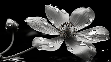Flower with water drops on a black background. Black and white.の素材
