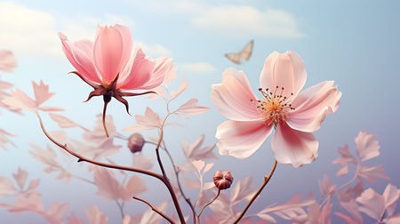 Beautiful Romantic scene - pink flower blossom in nature garden with clear sky, copy space.の素材