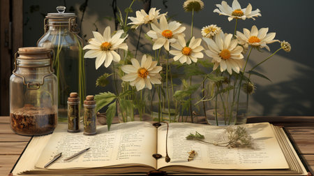 Beautiful Flower on open book, serene poetry concept.の素材