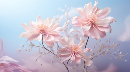 Beautiful Romantic scene - pink flower blossom in nature garden with clear sky, copy space.の素材