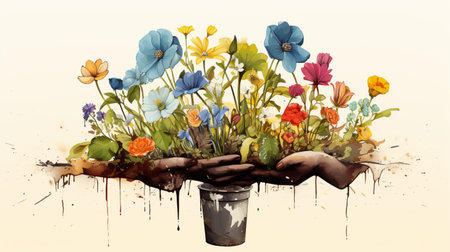 Flower pot with pansy and violets on white backgroundの素材