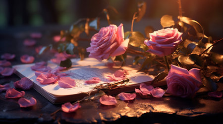 Rose flower and open book on wooden table, valentine conceptの素材