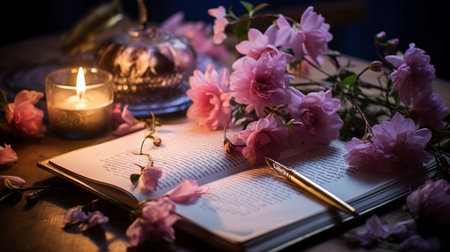 Romantic still life with pink cherry blossoms, candles and open bookの素材