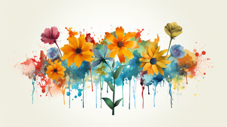 Watercolor background with flowers and paint splashes. Vector illustration.の素材